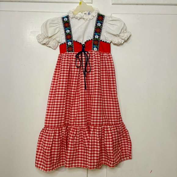 Vintage 70s Youngland Red Gingham Embroidered Ruffle Detail Girls Prairie Dress - Picture 1 of 7